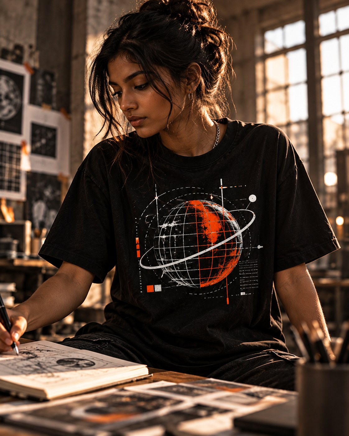 Model wearing ORBIT STUDY T-shirt